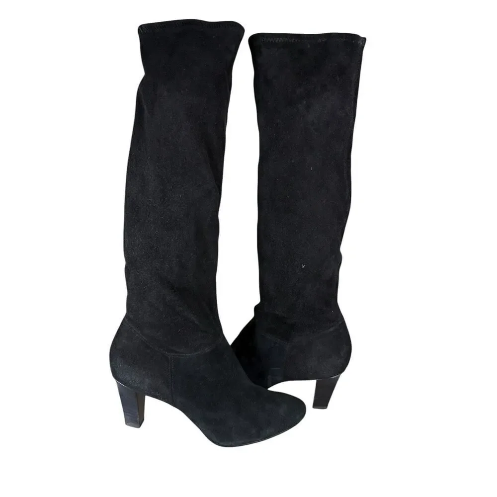 Coach Black Suede Knee High Heeled Boots 8.5B Pull-On Block Heel